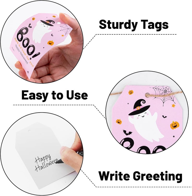 Alynta Halloween Tags with String - 50Pcs Happy Halloween Paper Gift Tags Boo Tag Pumpkin Ghost Name Tag Labels for Goodie Bags Gift Wrapping Halloween Decorations (Pink) - Image 3